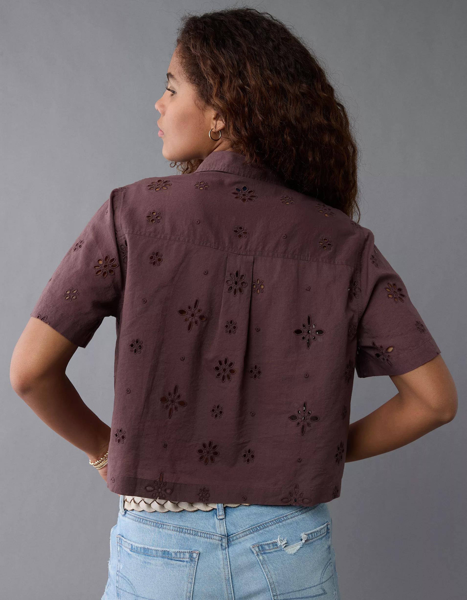 AE Short-Sleeve Embroidered Button-Up Shirt Product Image