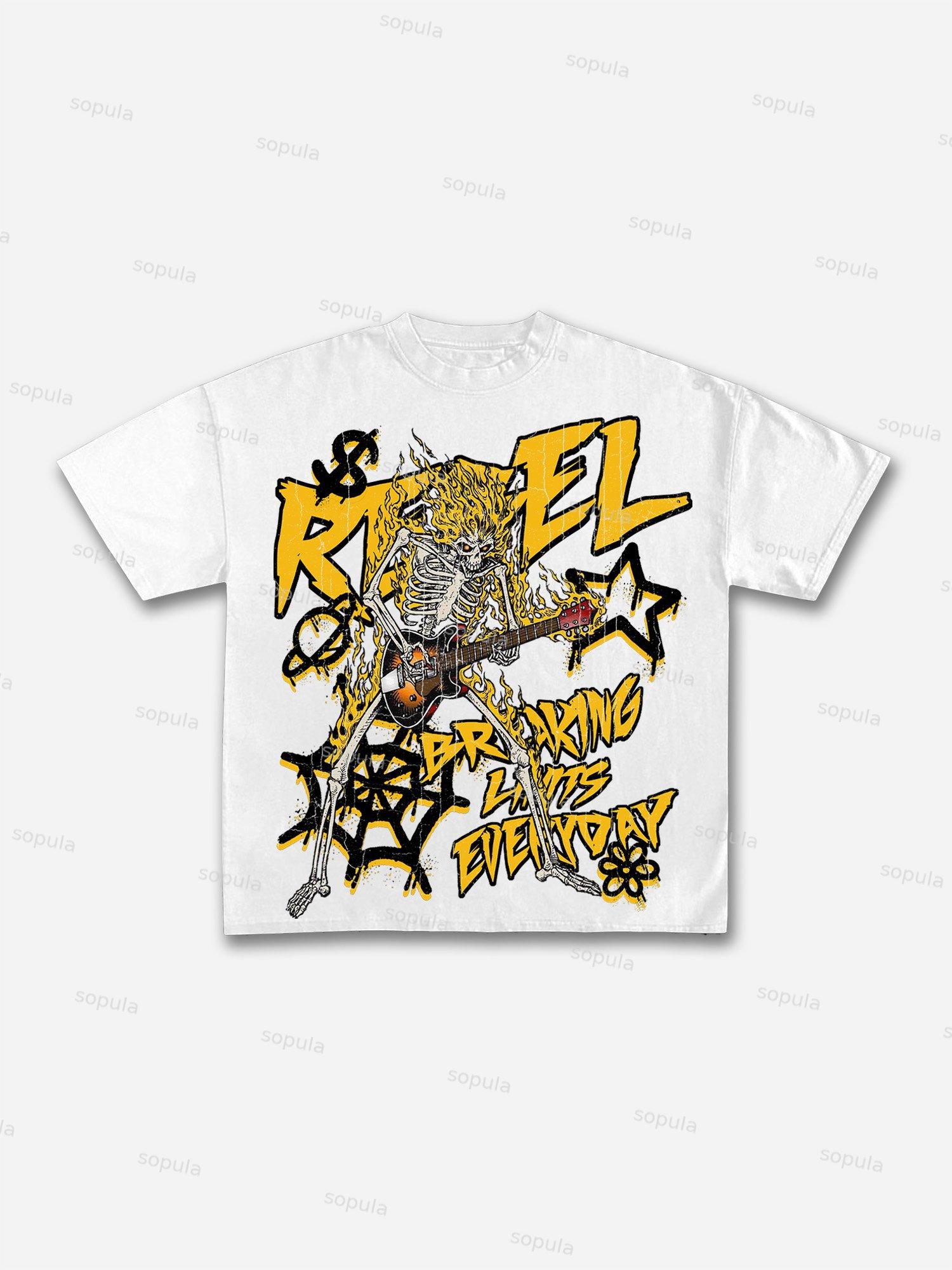 Flame Skull Graffiti Print Cotton T-shirt Product Image