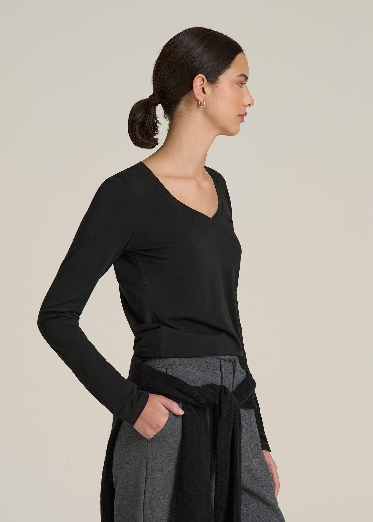 Long Sleeve Scoop V-Neck Tee Shirt for Tall Women in Merlot Female Product Image