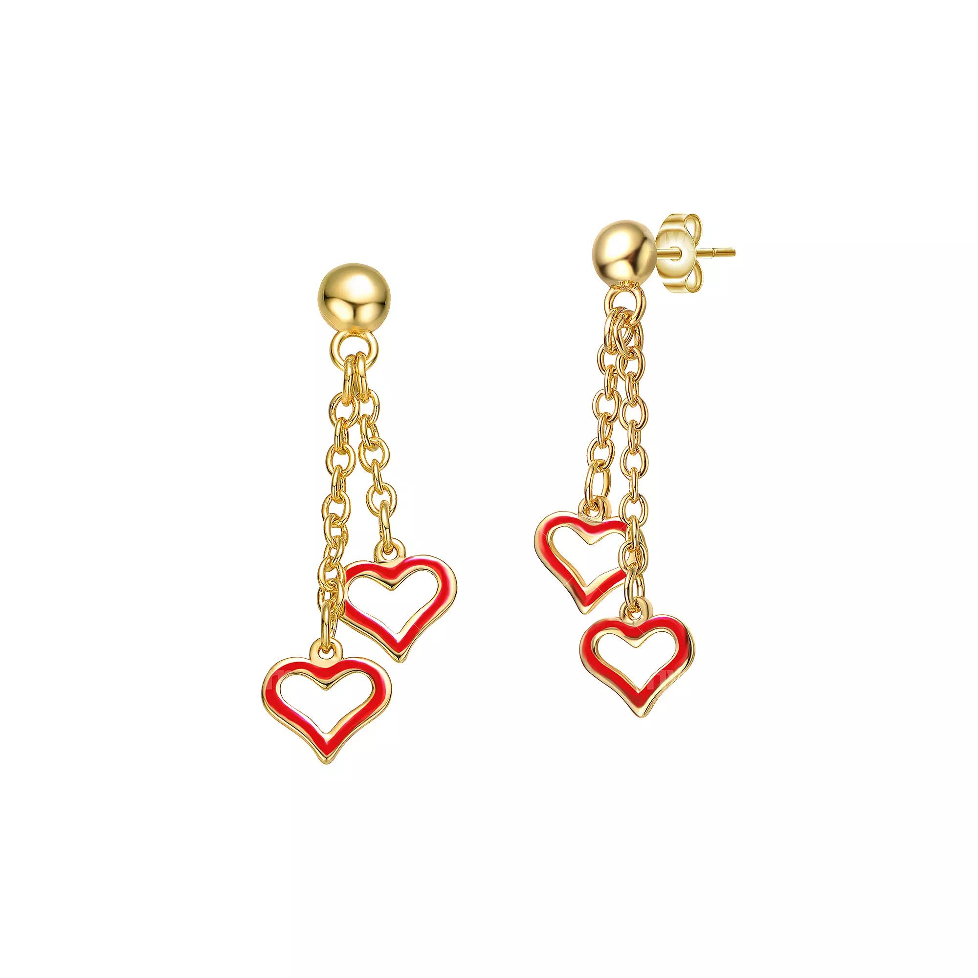 14k Gold Plated Double Heart Chain Drop Earrings, Womens, Red Product Image