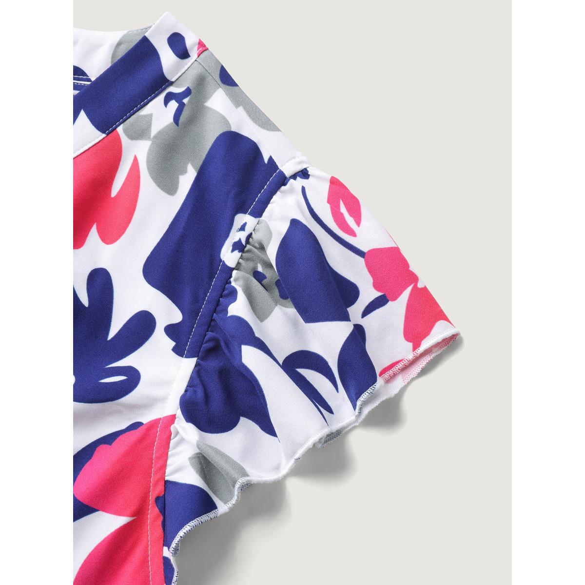 Plus Size Color Block Floral Print Notched Midi Dress Navy Women Romantic Flat collar with V-notch Cap Sleeve Curvy BloomChic 26/4X Product Image