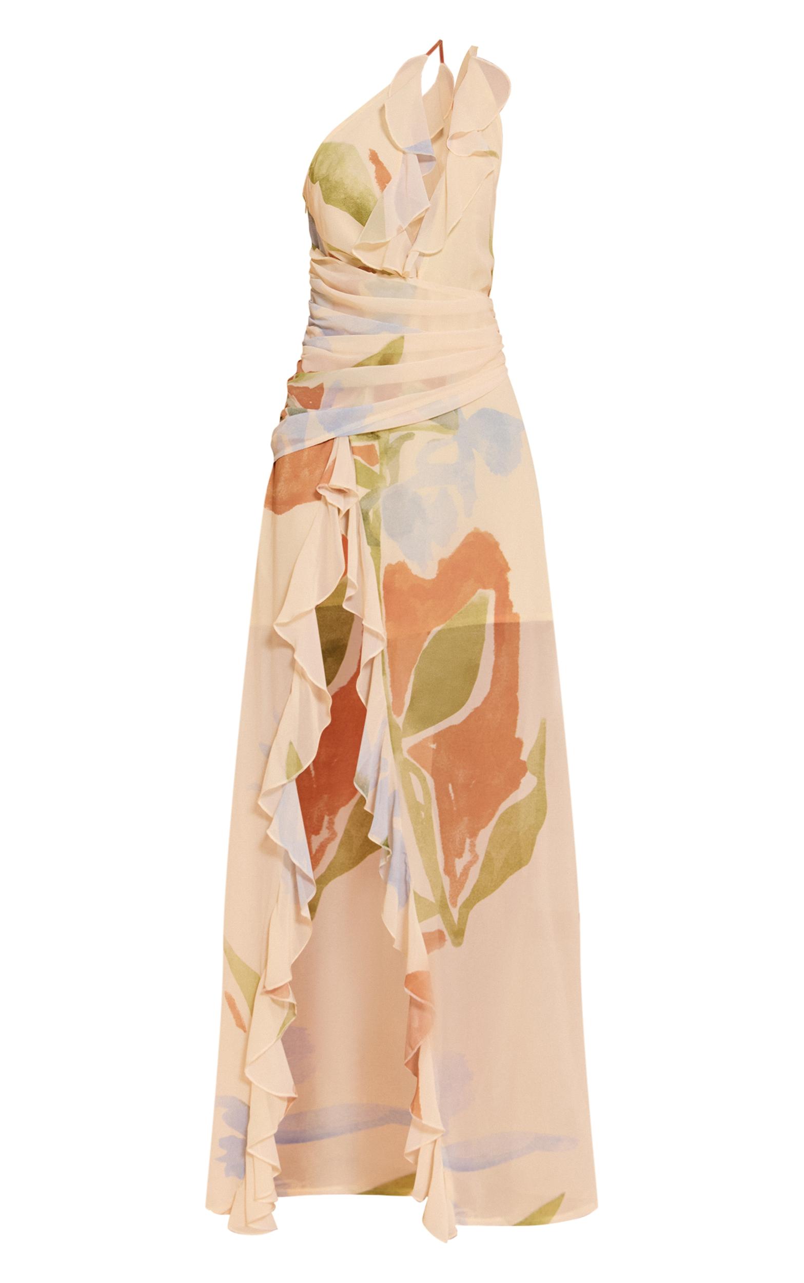 Cream Floral Chiffon Frill Plunge Strappy Maxi Dress Product Image