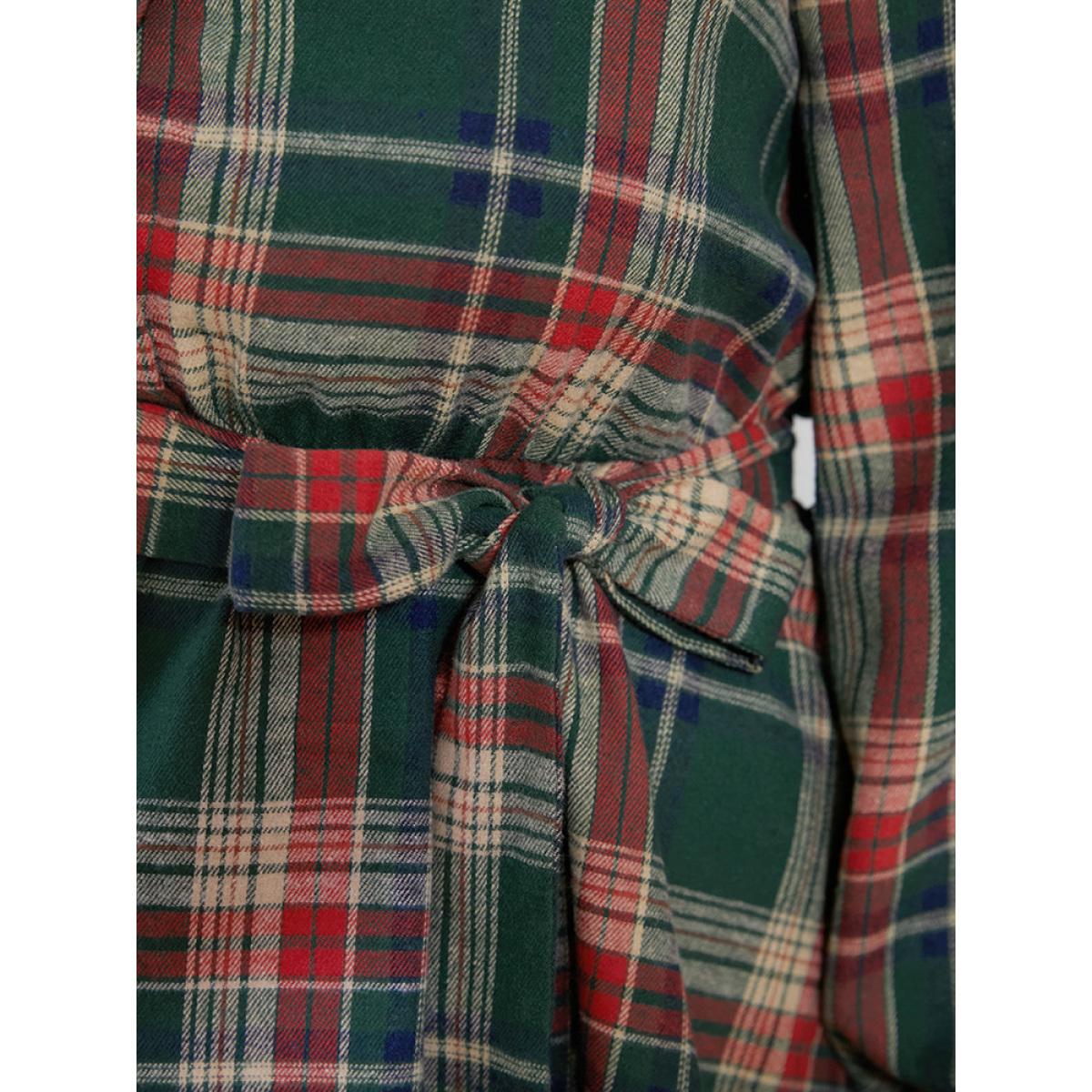 Plus Size Multicolor Plaid Shirt Collar Button Belted High Low Hem Blouse Women Casual Long Sleeve Shirt collar Everyday Blouses BloomChic 22-24/3X Product Image