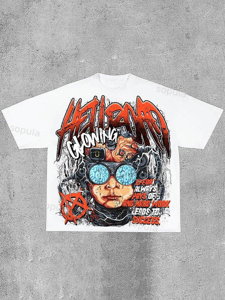 Hell Road Vintage Flame Portrait Print Cotton T-Shirt Product Image