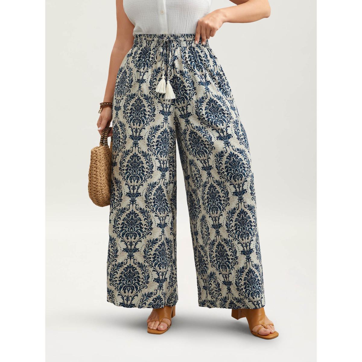 Plus Size Damask Print Tassel Straight-Leg Pants Women DarkBlue Boho Wide Leg Mid Rise Vacation Pants BloomChic 30/6X Product Image