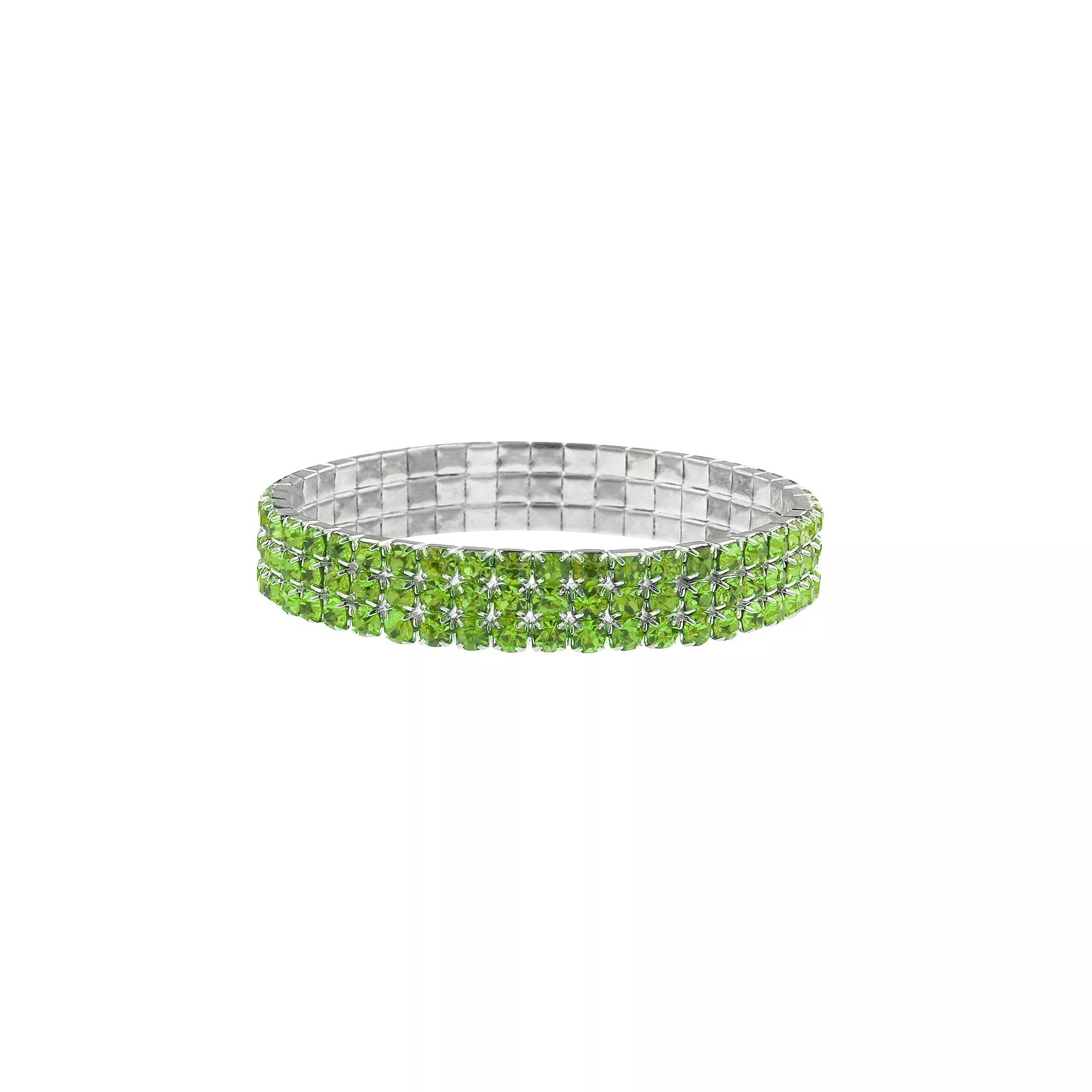 1928 Silver Tone Green Rhinestone Stretch Bracelet, Women's Product Image