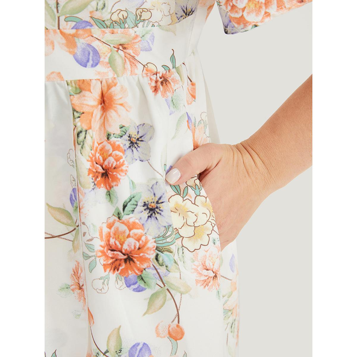 Plus Size Floral Print Cold Shoulder Pocket Split Ruffle Trim Dress WhiteSmoke Women Elegant Adjustable Straps Cold Shoulder Short sleeve Curvy Midi Dress BloomChic 30/6X Product Image