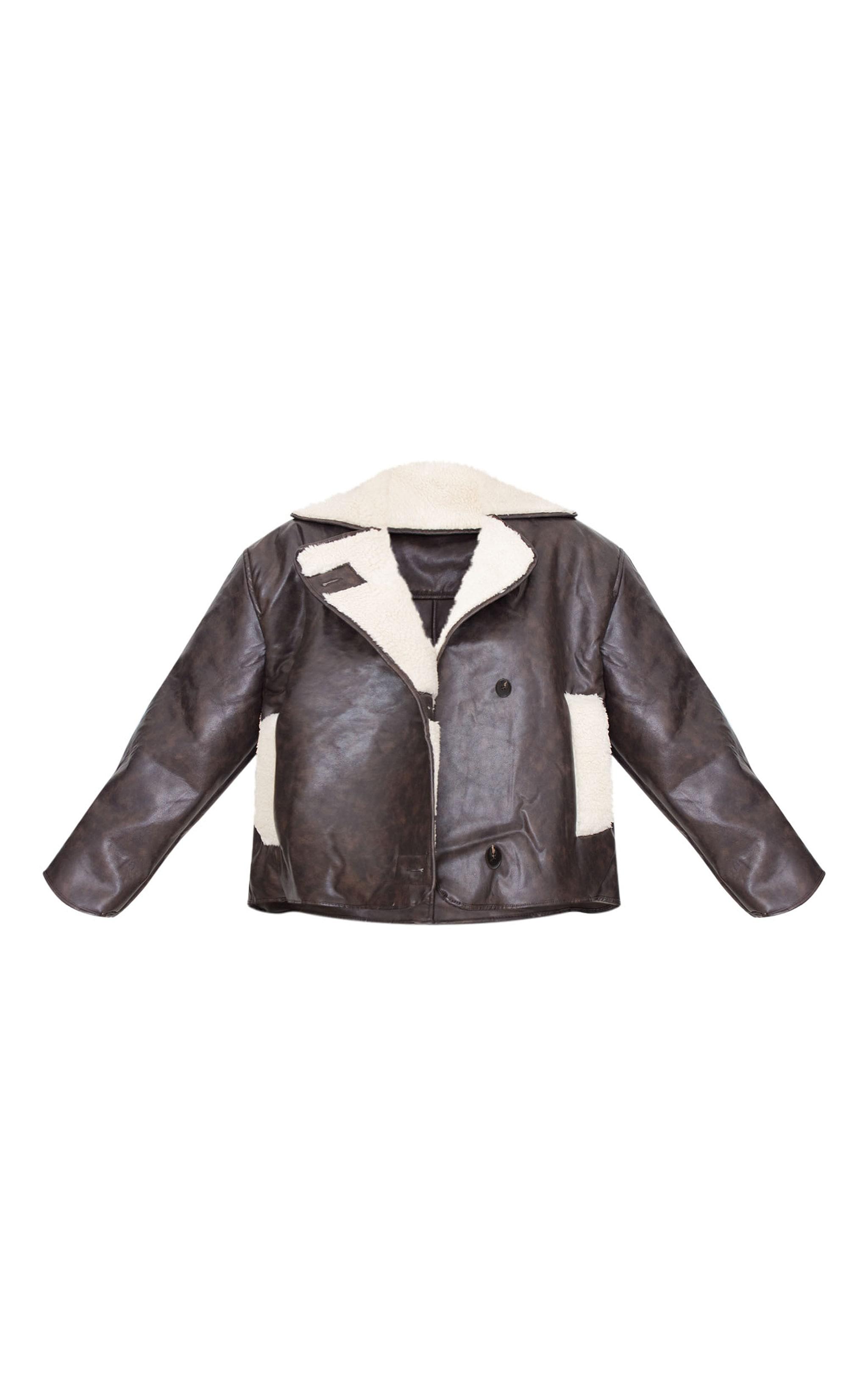 Washed Brown Distressed Faux Leather Borg Contrast Aviator Jacket Product Image