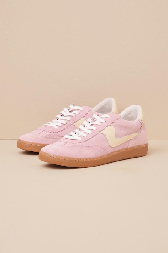 Notice Guava Suede Leather Color Block Lace-Up Sneakers Product Image
