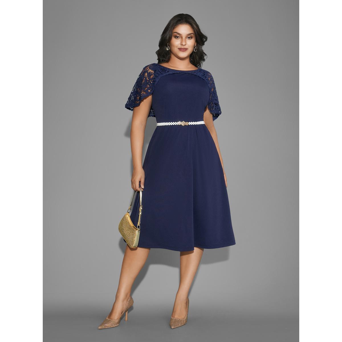 Plus Size Tiered Lace Panel Elastic Waist Dress Navy Women Cocktail Woven ribbon&lace trim Party Curvy Bloomchic 14-16/1X Product Image