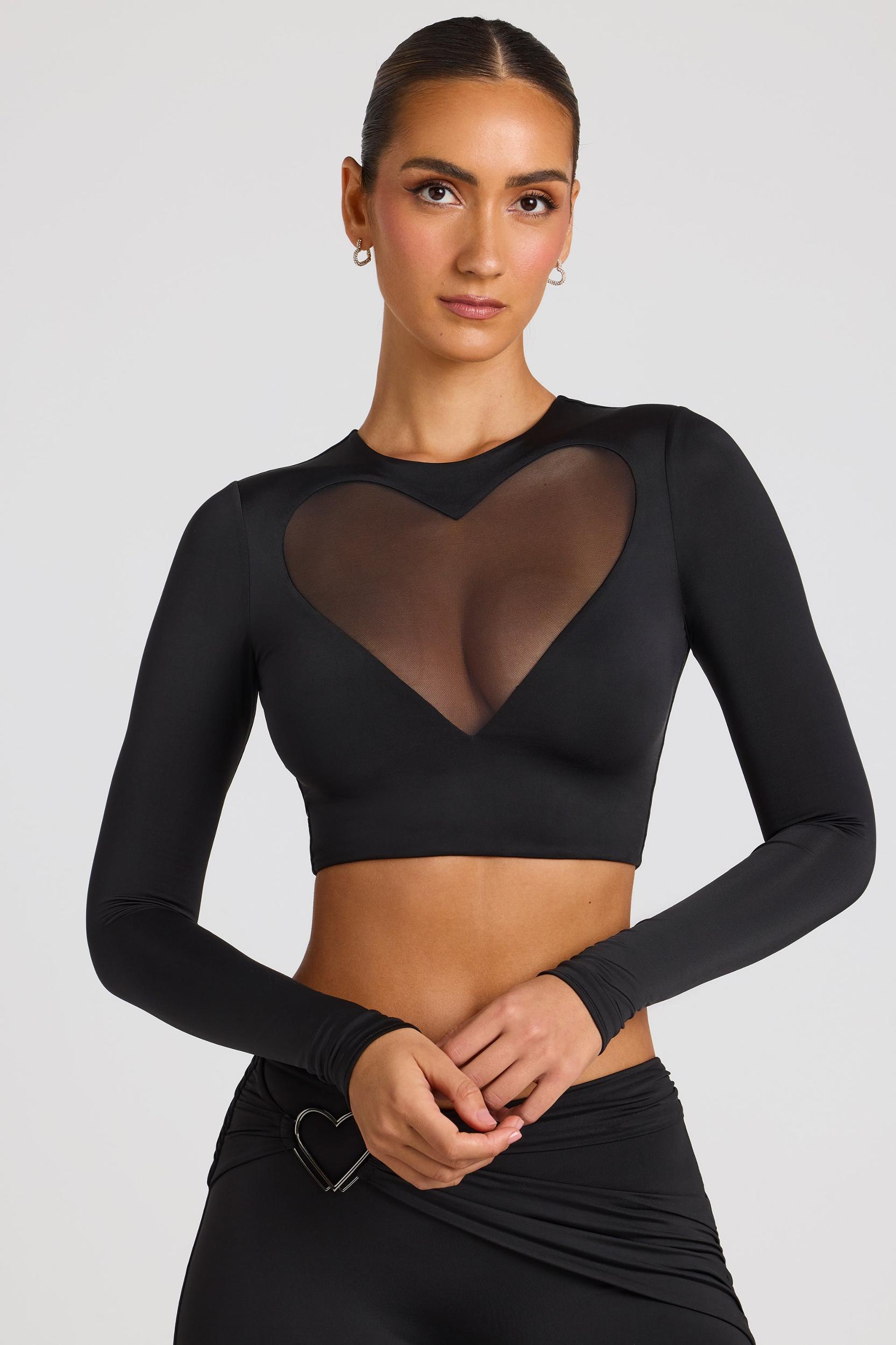 Sheer Panelled Long Sleeve Crop Top in Black Product Image