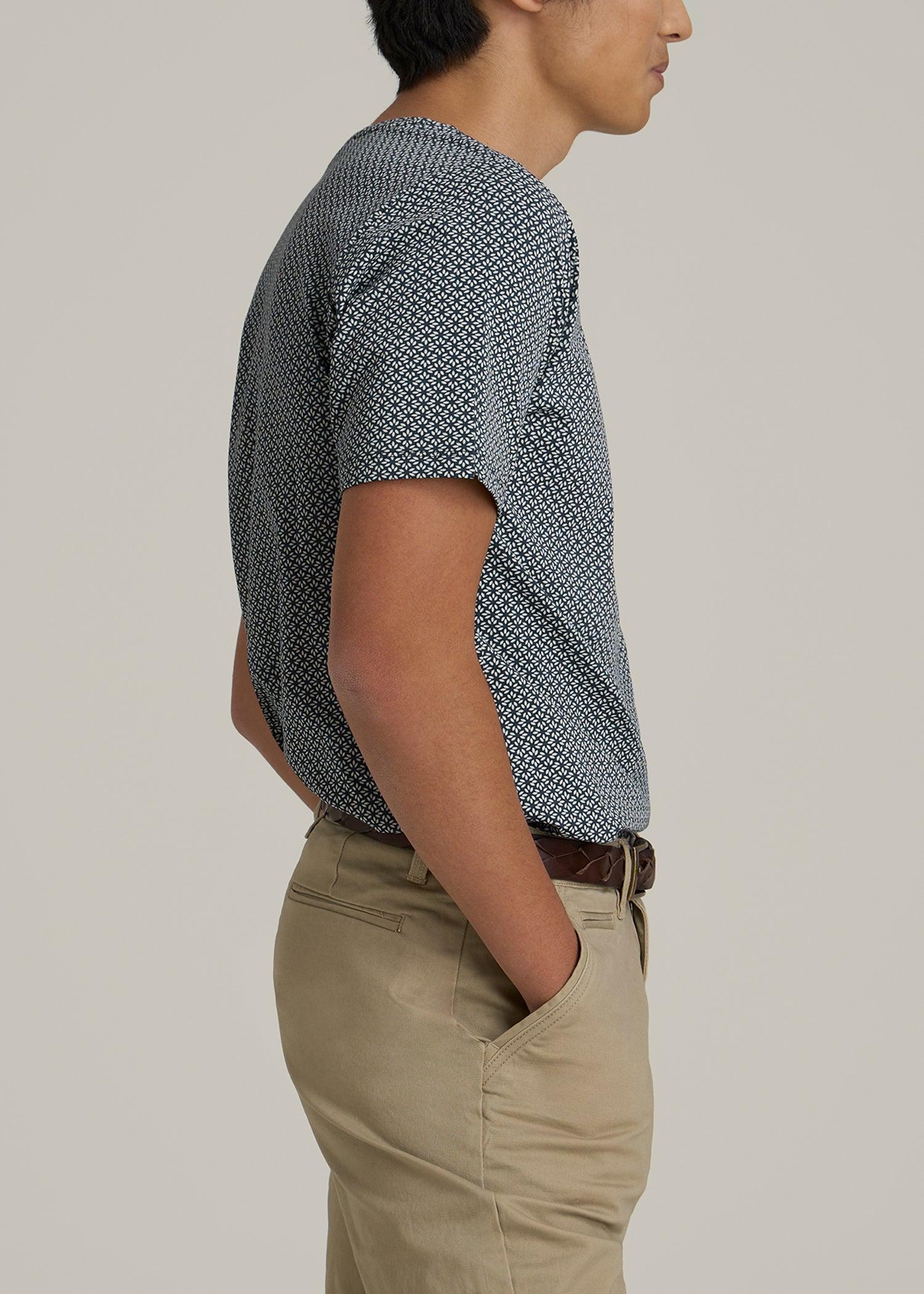 Stretch Pima Cotton Printed Tee for Tall Men in Grey and Blue Geometric Male Product Image