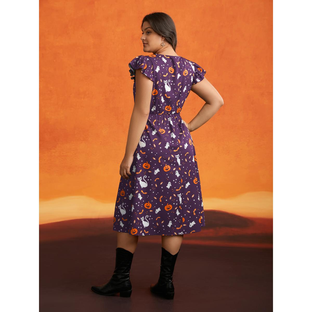 Plus Size Pumpkin Printed Ruffle Sleeves Midi Dress Deeppurple Women Casual Ruffles Party Curvy Bloomchic 12/L Product Image