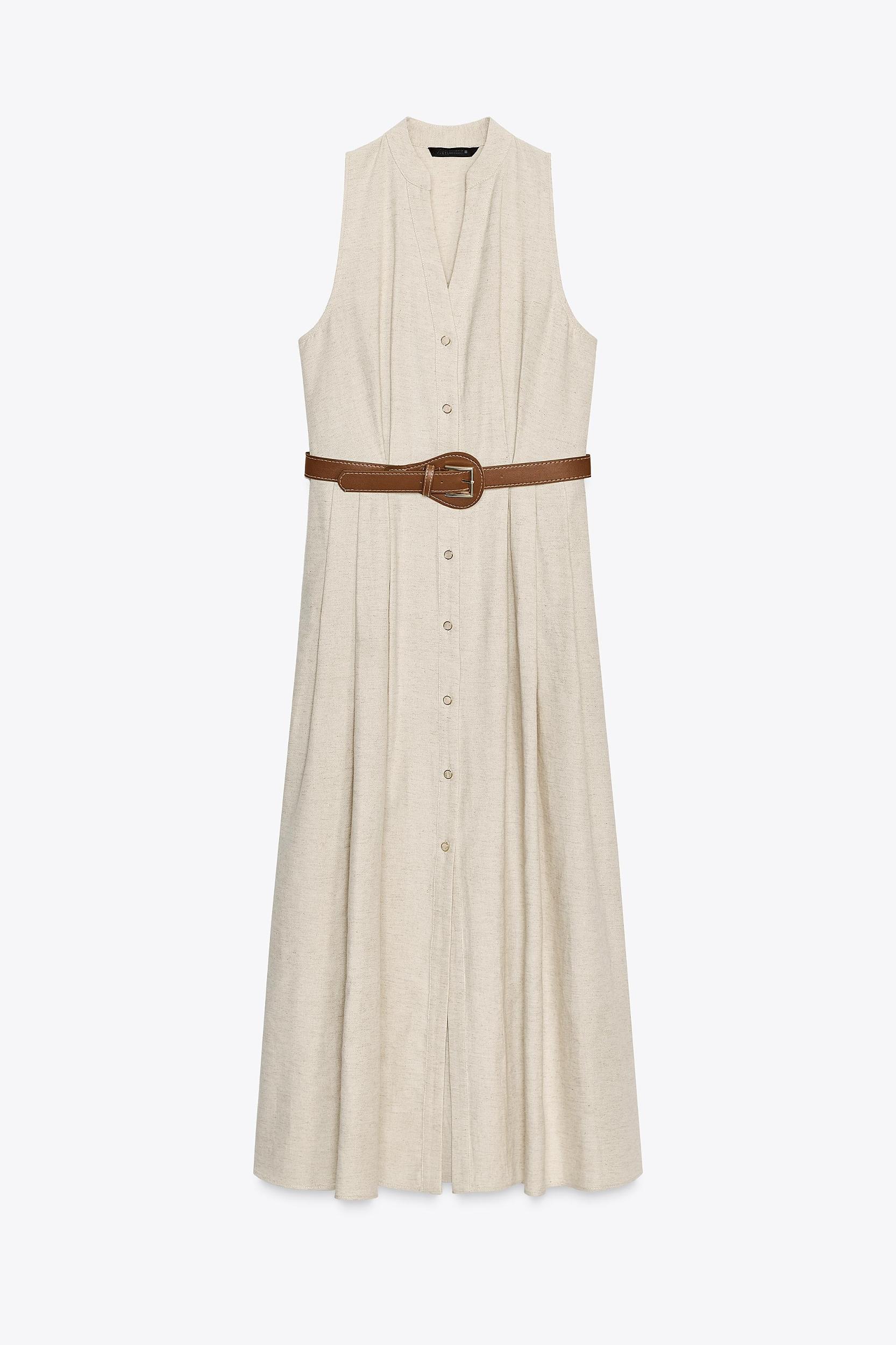 BELTED LINEN MIDI DRESS Product Image