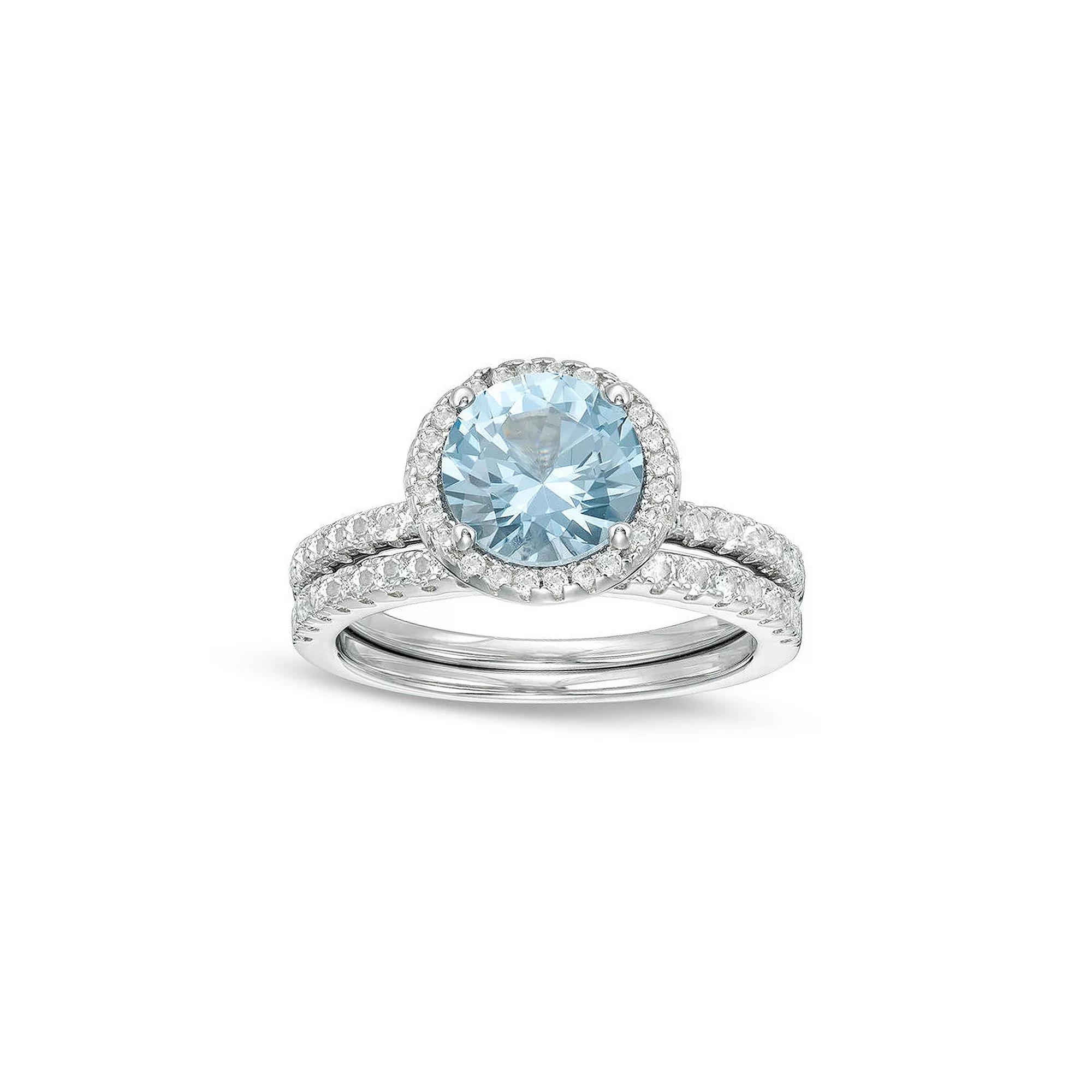 Gemminded Lab-Created Aquamarine Silver Tone 2-Piece Wedding Band Set, Women's,  Product Image