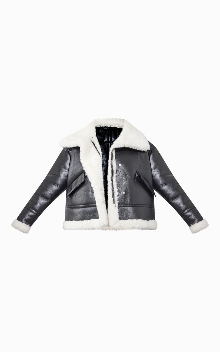 Black Faux Fur Lined Faux Leather Buckled Aviator Jacket Product Image