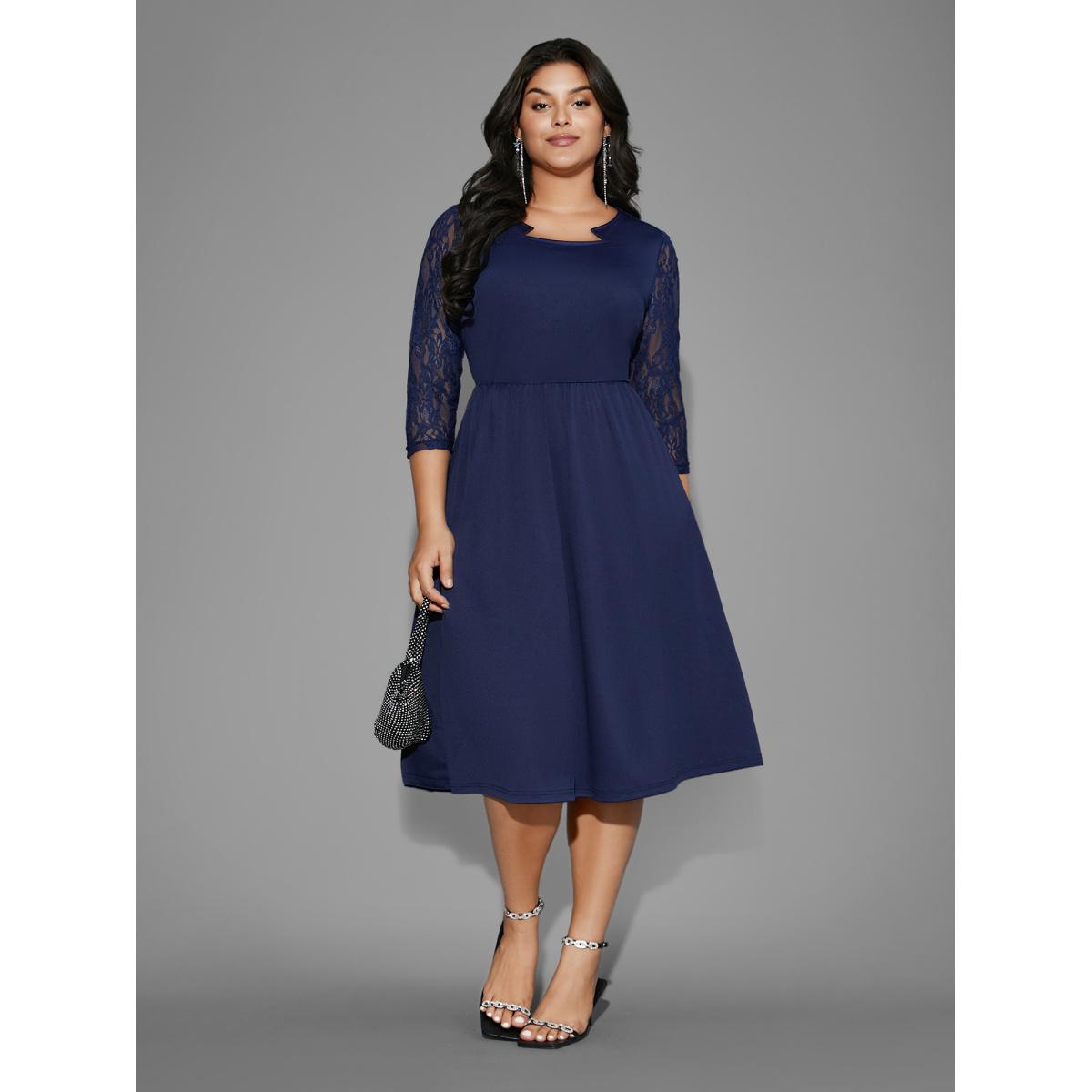 Plus Size Asymmetrical Neck Lace Patchwork Mesh Dress Navy Women Cocktail Woven ribbon&lace trim Party Curvy Bloomchic 12/L Product Image