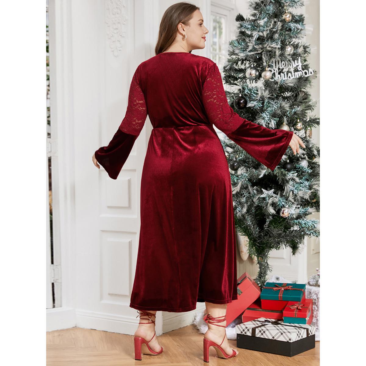 Plus Size Solid Lace Insert Bell Sleeve Pocket Velvet Dress Red Women Party Patchwork Round Neck Long Sleeve Curvy Midi Dress BloomChic 26/4X Product Image