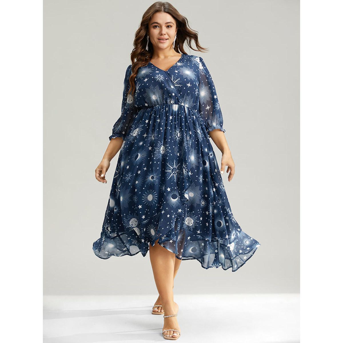 Plus Size Christmas Moon & Star Ruffles Mesh Wrap Dress Cyan Women Party Wrap Overlap Collar Elbow-length sleeve Curvy Midi Dress BloomChic 14-16/1X Product Image