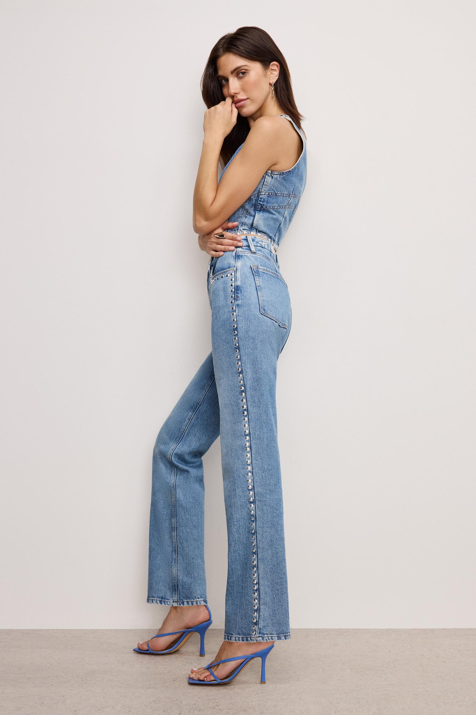 GOOD ICON STUDDED STRAIGHT JEANS | INDIGO895 Product Image
