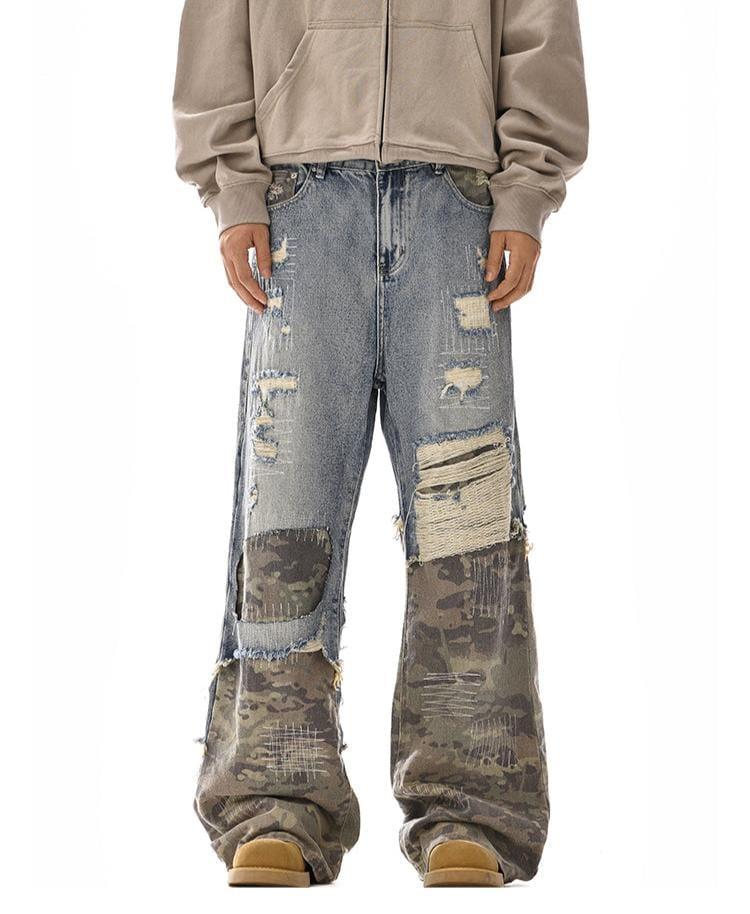 RT No. 12110 CAMO PATCH DISTRESSED DENIM JEANS Product Image