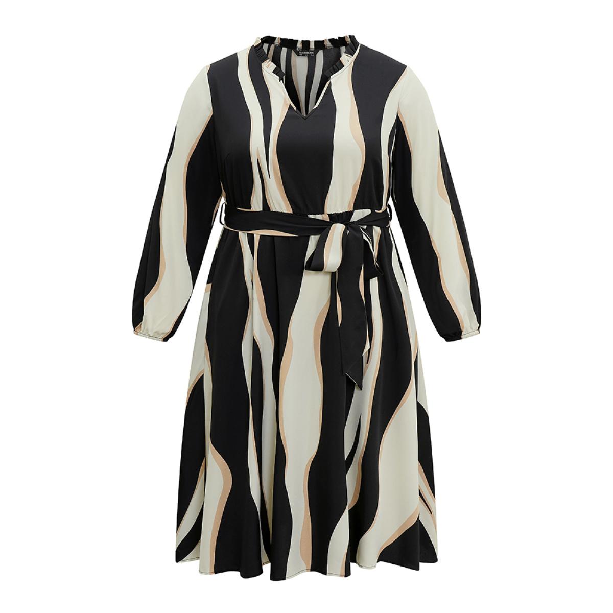 Plus Size Colorblock Striped Notched Belted Lantern Sleeve Dress Black Women At the Office Elastic cuffs Notched collar Long Sleeve Curvy Midi Dress BloomChic 22-24/3X Product Image