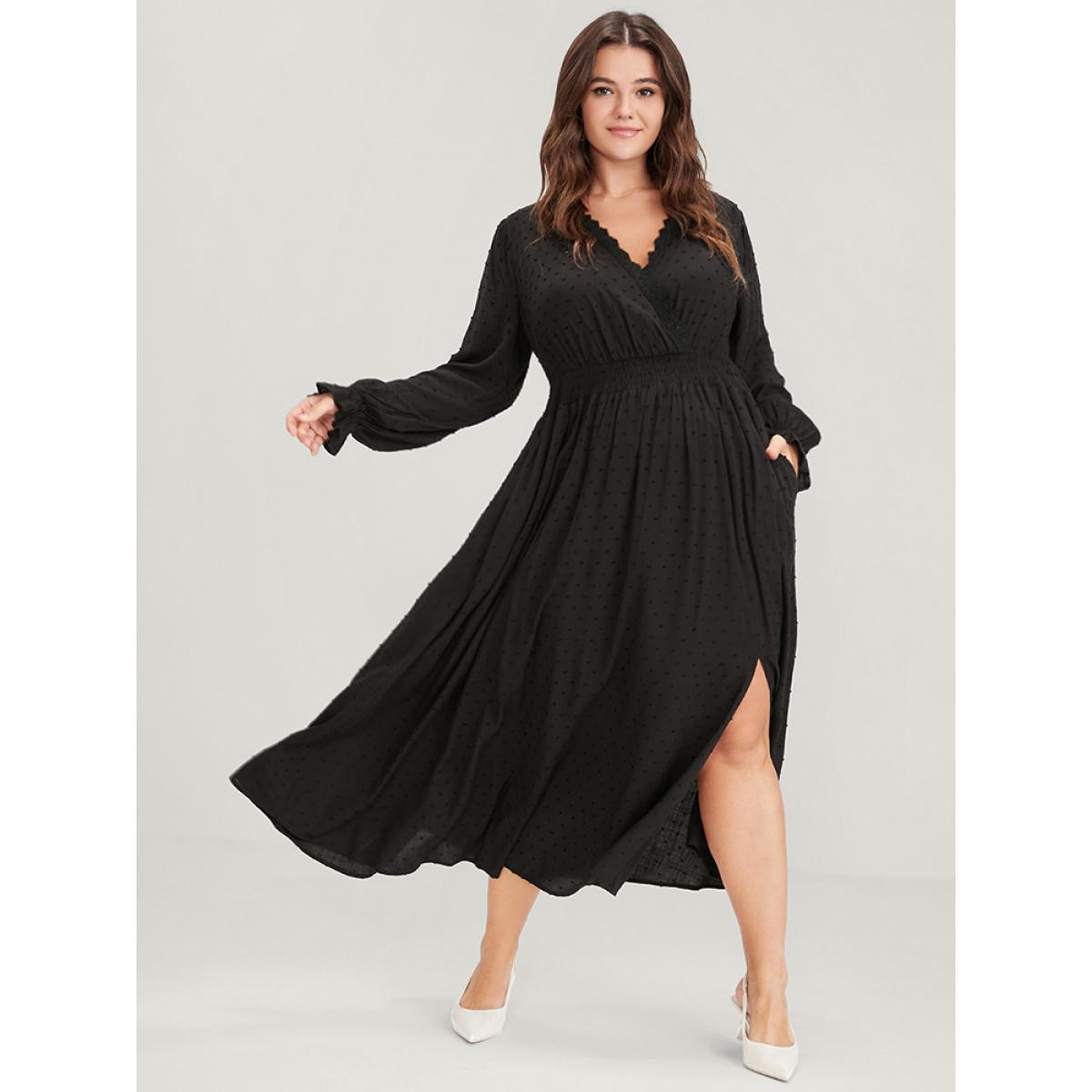 Plus Size Polka Dot Pocket Lantern Sleeve Lace Trim Shirred Dress Black Women Elegant Cross straps V-neck Long Sleeve Curvy Long Dress BloomChic 18-20/2X Product Image