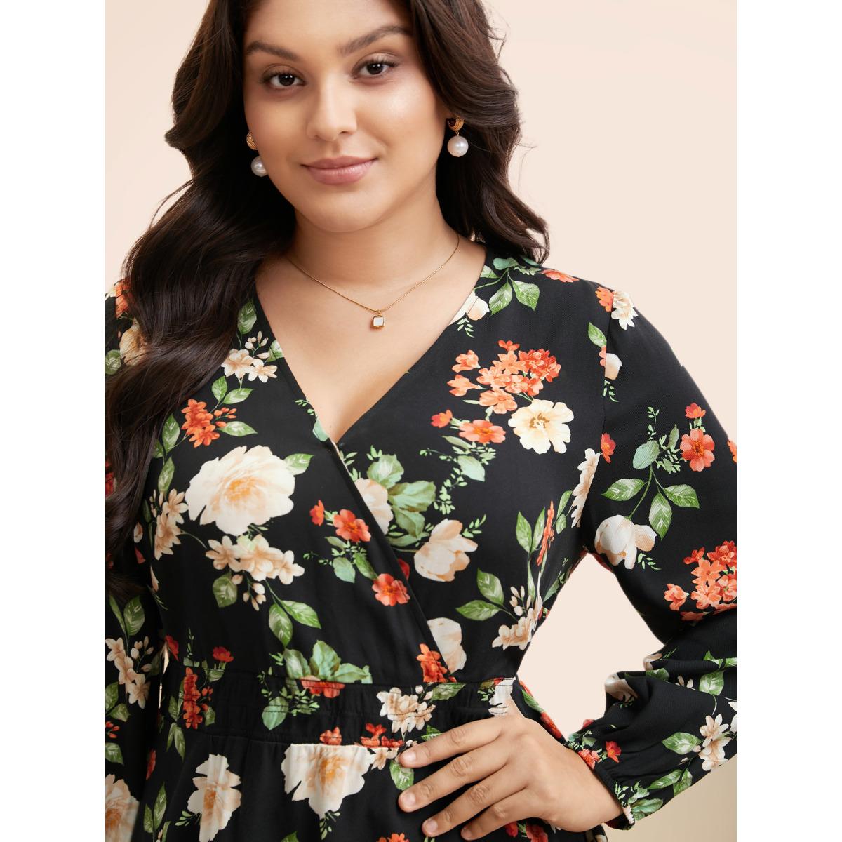 Plus Size Black Floral Elastic Waist Lantern Sleeve Blouse Women Elegant Long Sleeve V-neck Everyday Blouses BloomChic 22-24/3X Product Image