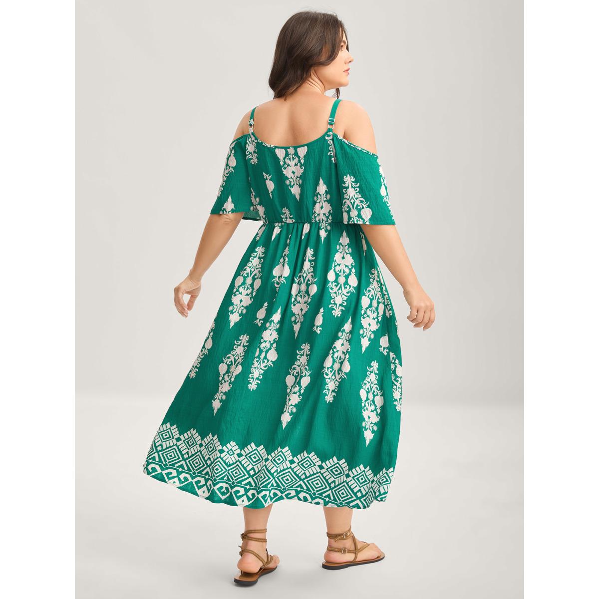 Plus Size Rayon Boho Print Slit Pockets Midi Dress Emerald Women Overlap Collar Short sleeve Curvy BloomChic 26/4X Product Image