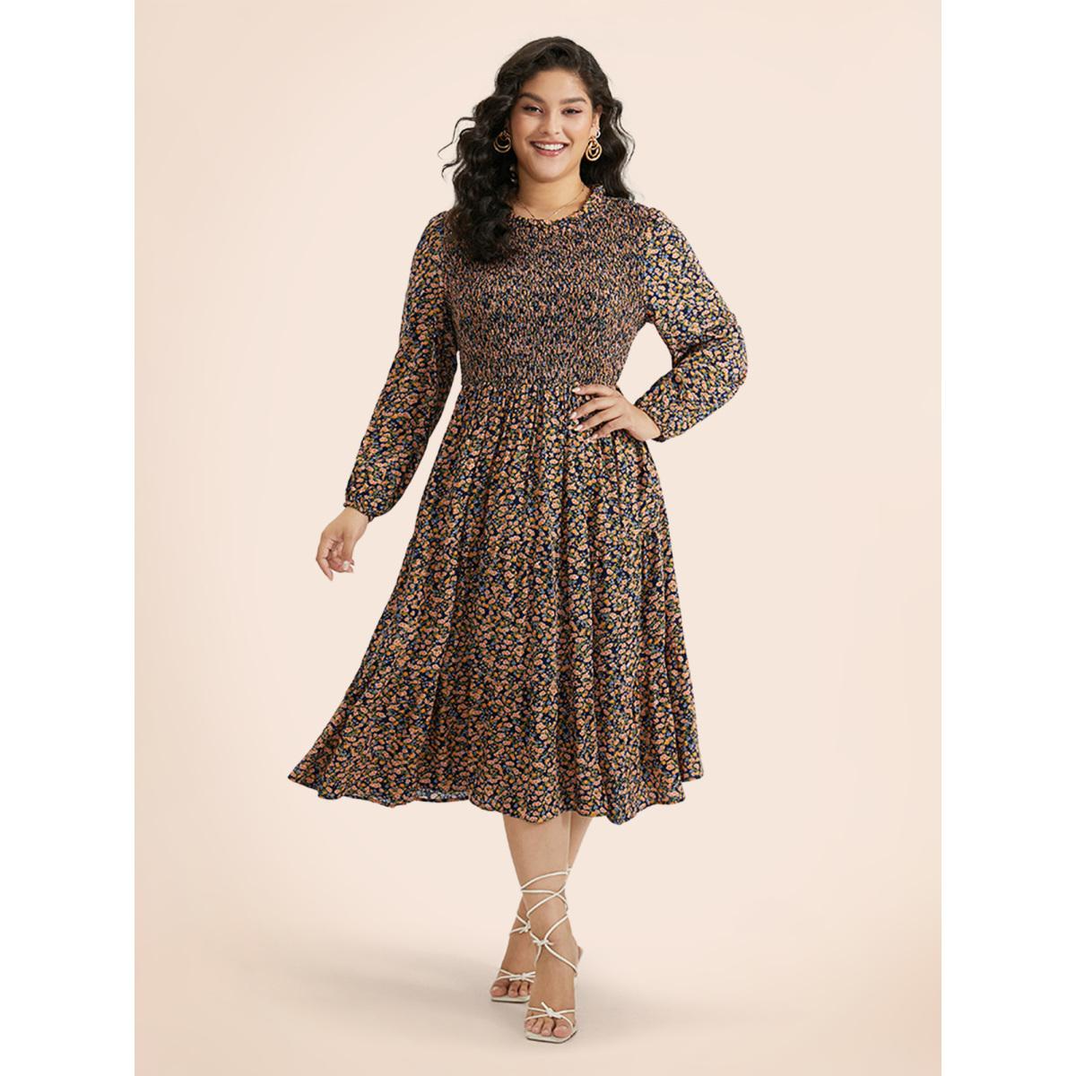 Plus Size Ditsy Floral Shirred Pocket Pleated Frill Trim Dress Indigo Women Leisure Elastic cuffs Round Neck Long Sleeve Curvy Midi Dress BloomChic 26/4X Product Image