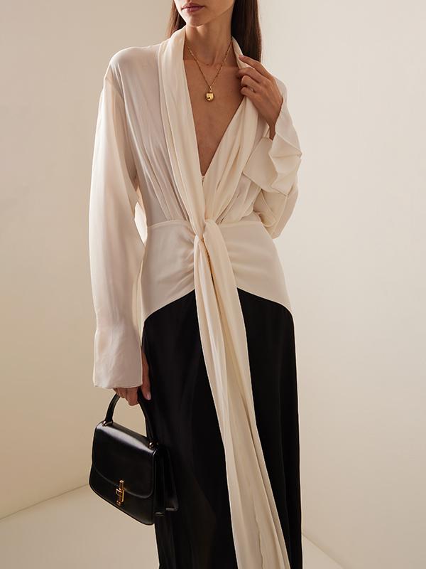 Long Sleeves Loose Contrast Color V-Neck Evening Dresses Maxi Dresses Product Image