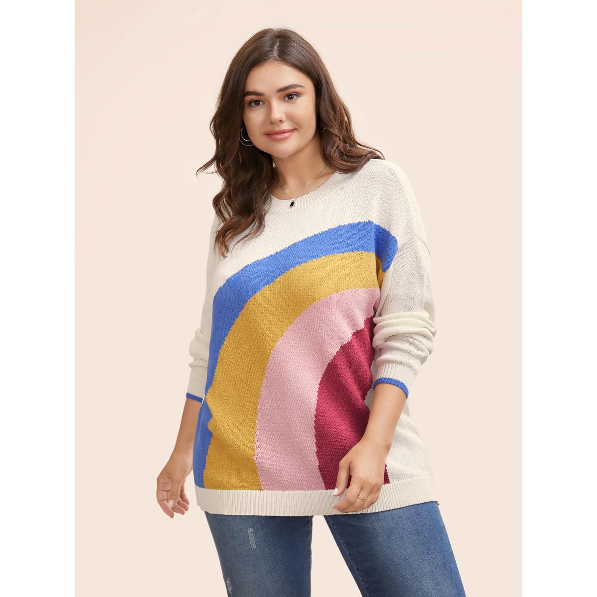 Plus Size Round Neck Rainbow Contrast Texture Pullover Multicolor Women Casual Long Sleeve Round Neck Everyday Pullovers BloomChic 14-16/1X Product Image
