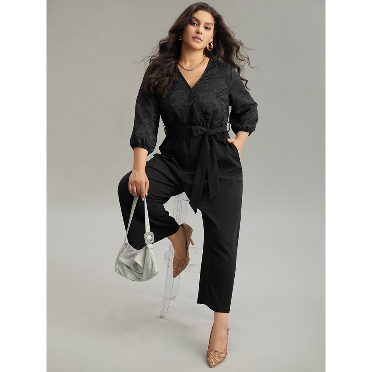 Plus Size Black Plain Textured Belted Wrap Jumpsuit Women Party Elbow-length sleeve Overlap Collar Going out Loose Jumpsuits BloomChic 30/6X Product Image