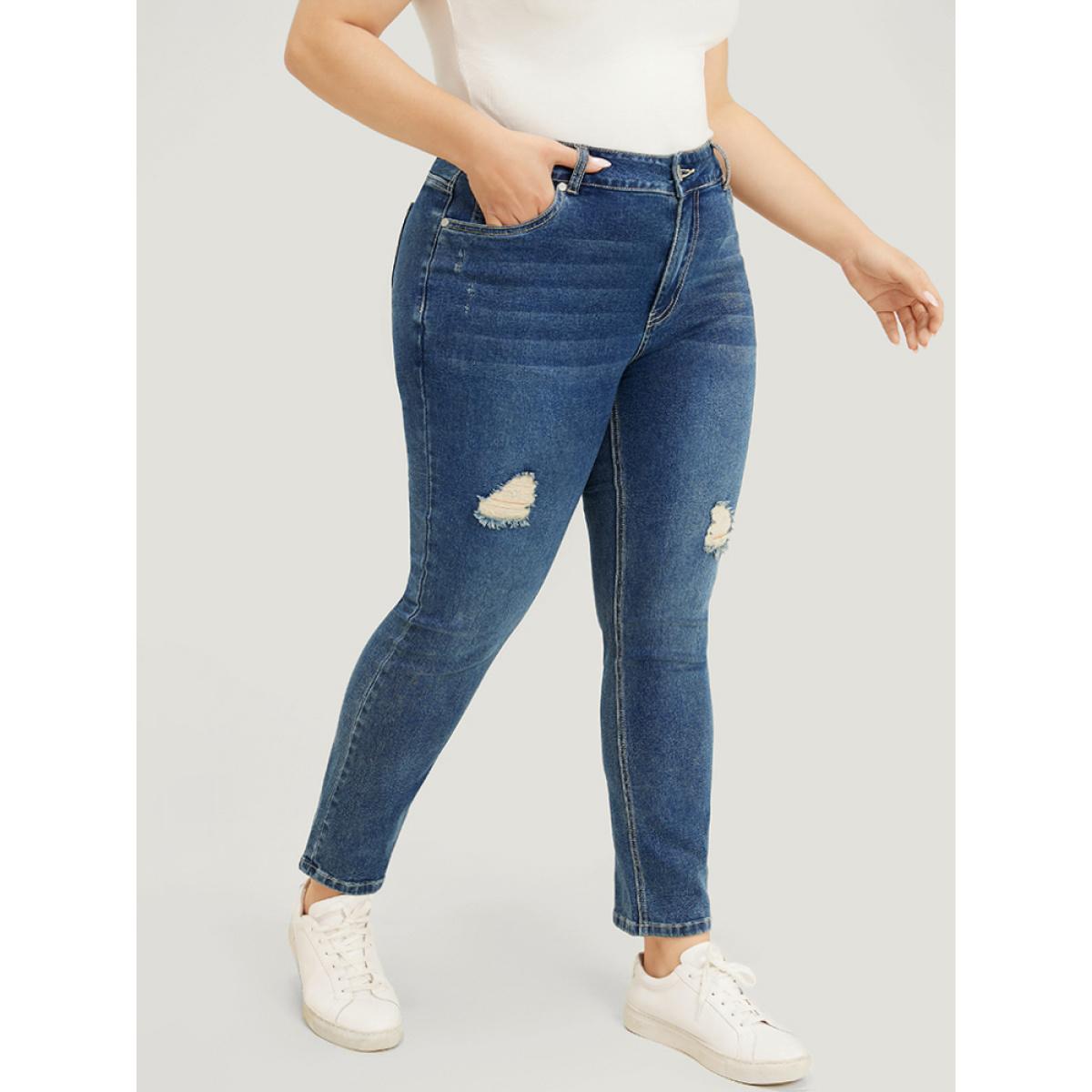 Plus Size Straight Leg Very Stretchy High Rise Medium Wash Jeans Women Indigo Casual Plain Distressed High stretch Pocket Jeans BloomChic 14/1X Product Image