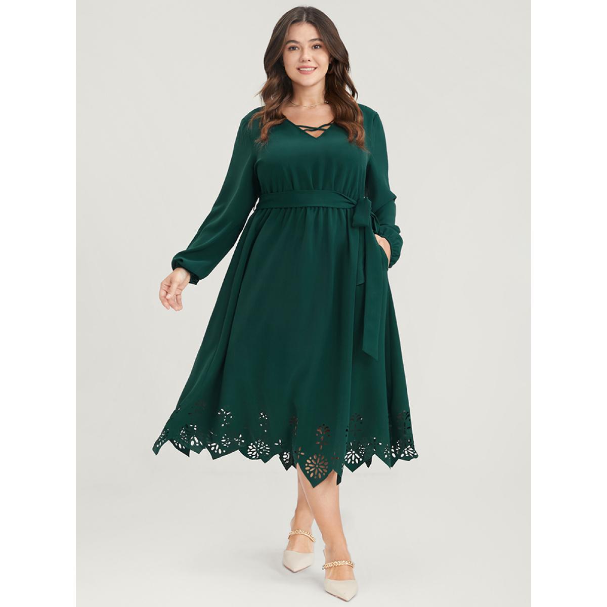 Plus Size Solid Pocket Crisscross V Neck Laser Cut Belted Dress DarkGreen Women Elegant Belted V-neck Long Sleeve Curvy Midi Dress BloomChic 12/L Product Image