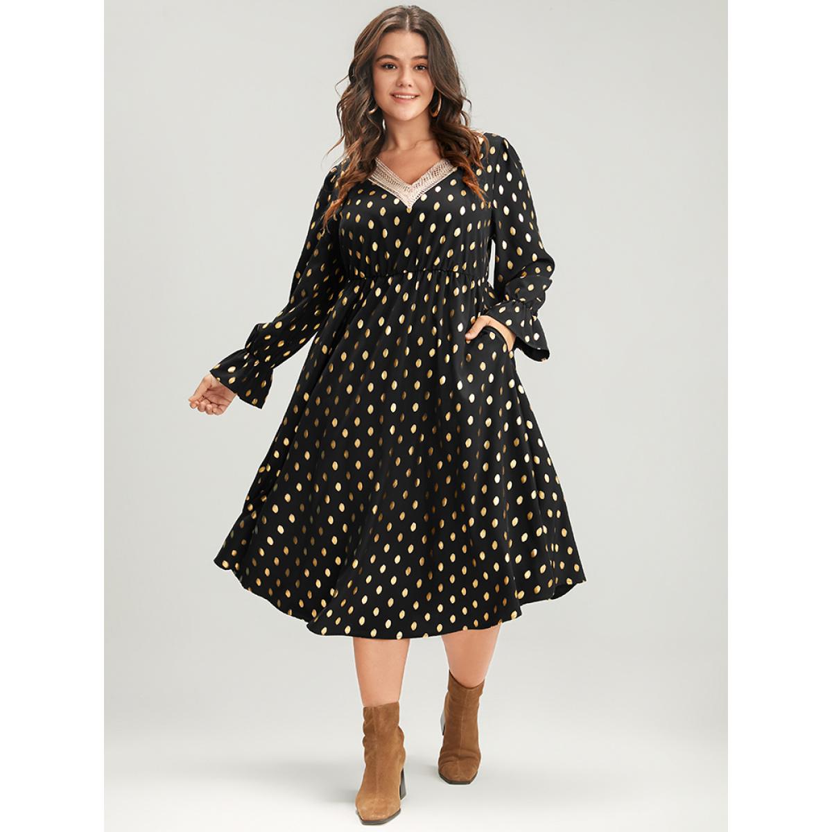 Plus Size Polka Dot Lantern Sleeve Pocket Lace Trim Midi Dress Black Women Party Lace V-neck Long Sleeve Curvy Midi Dress BloomChic 26/4X Product Image