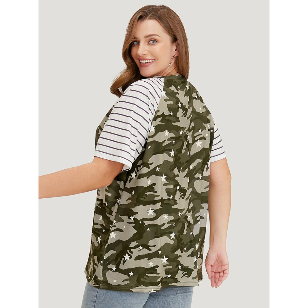 Plus Size Camo & Striped Print Raglan Sleeve T-shirt Multicolor Women Casual Contrast Camo Round Neck Dailywear T-shirts BloomChic 28/5X Product Image