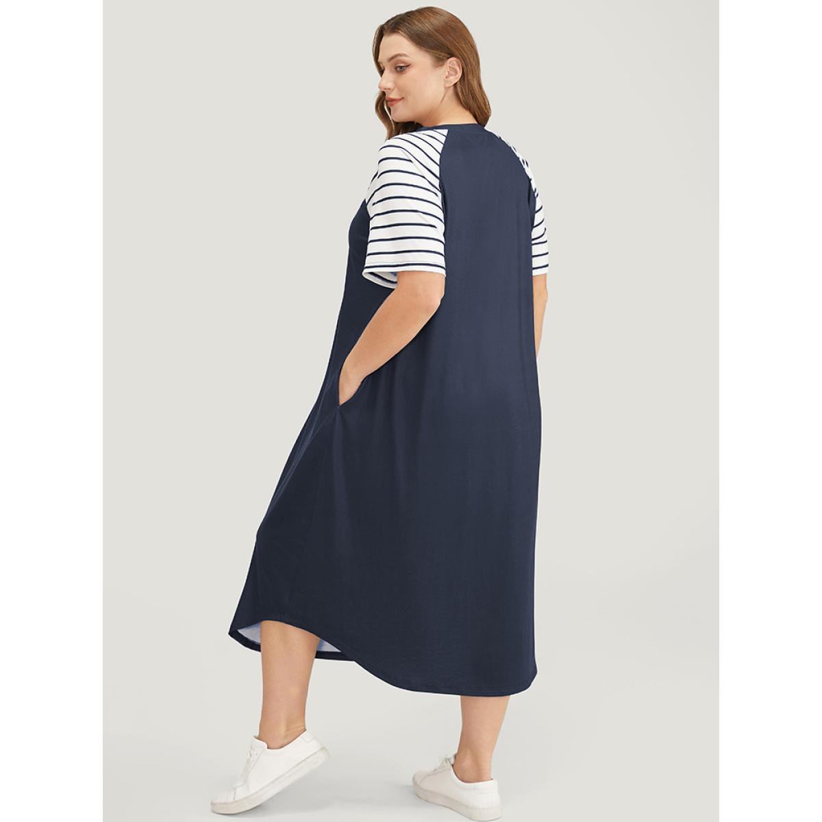 Plus Size Striped Raglan Sleeve Pocket Arc Hem Dress Navy Women Casual Arc Hem V-neck Short sleeve Curvy Midi Dress BloomChic 12/L Product Image