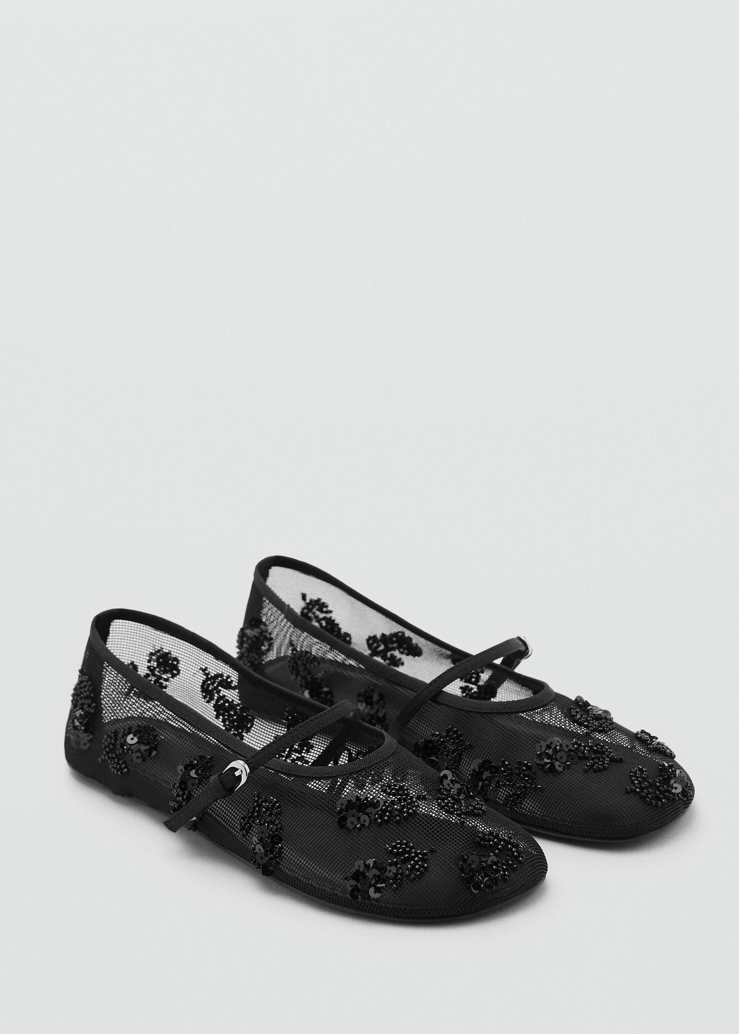 Mesh ballet flats with sequin-embroidered strap - Women | MANGO USA Product Image