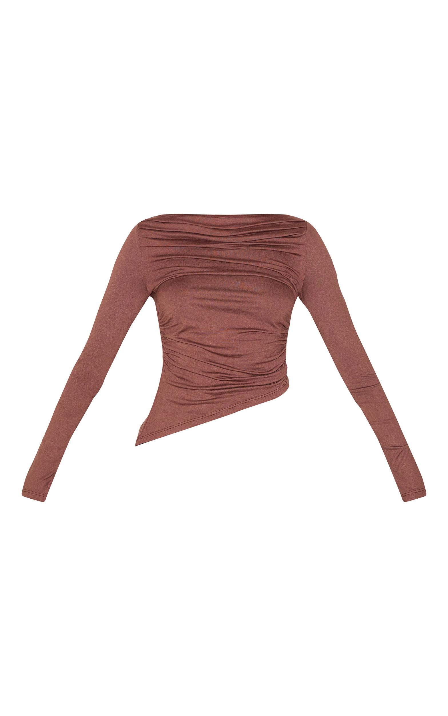 Mocha Ruched Detail Asymmetric Hem Long Sleeve Top Product Image