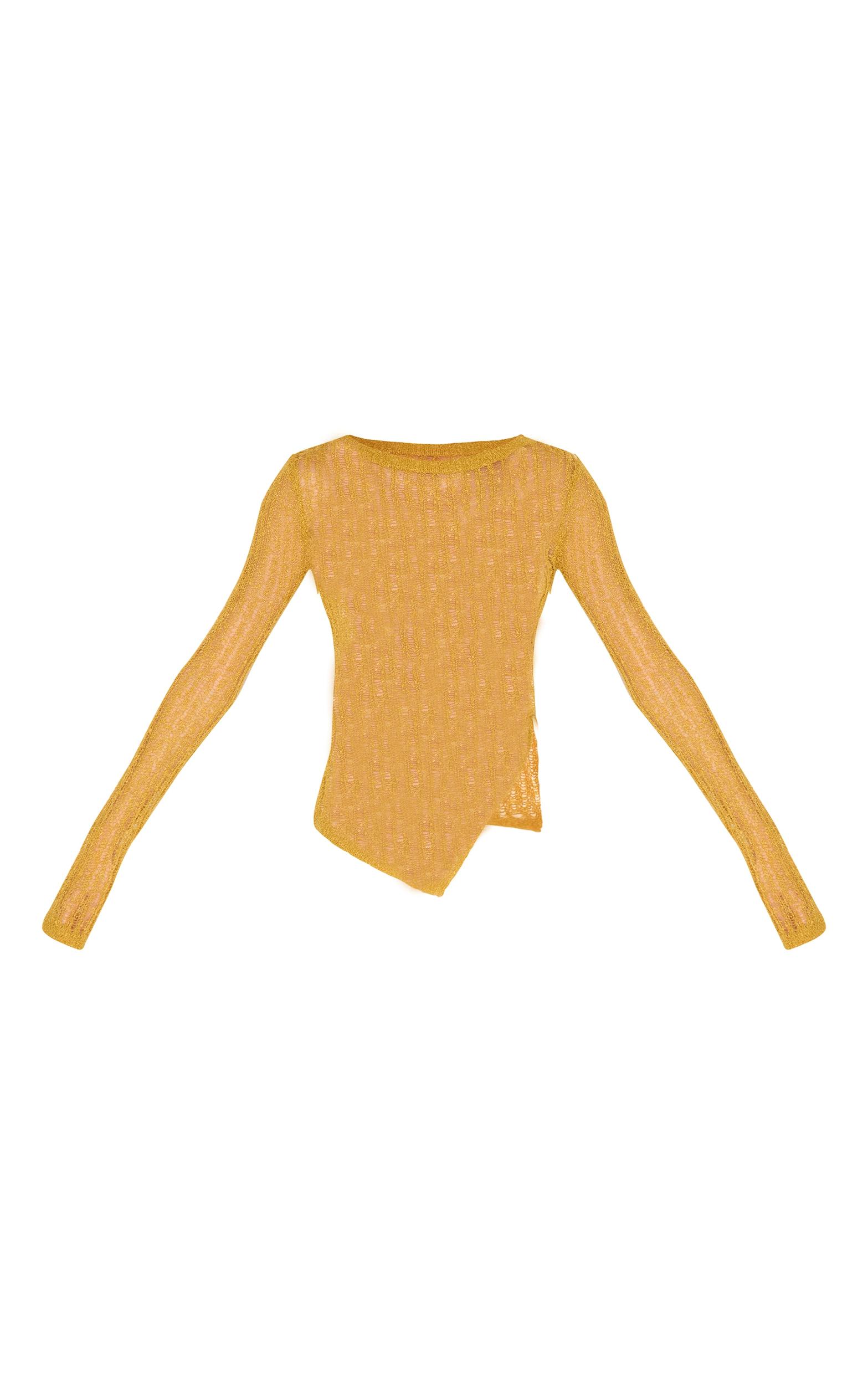 Olive Ladder Knit Sheer Asymmetric Hem Top Product Image