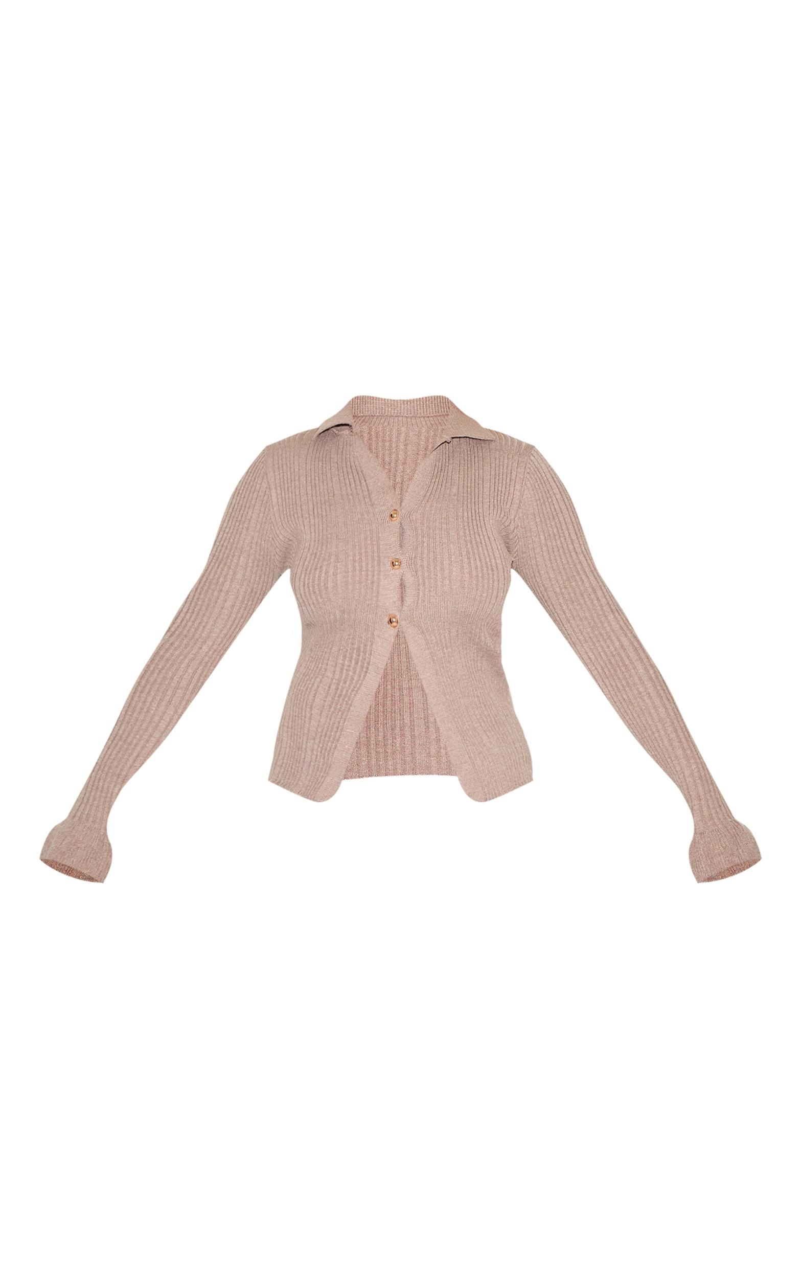 Shape Mocha Knitted Rib Button Front Split Hem Cardigan Product Image