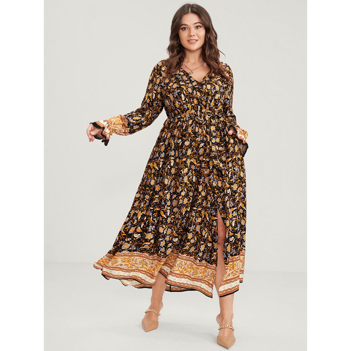 Plus Size Floral Surplice Neck Pocket Lantern Sleeve Split Maxi Dress Black Women Vacation Pocket V-neck Long Sleeve Curvy Long Dress BloomChic 22-24/3X Product Image