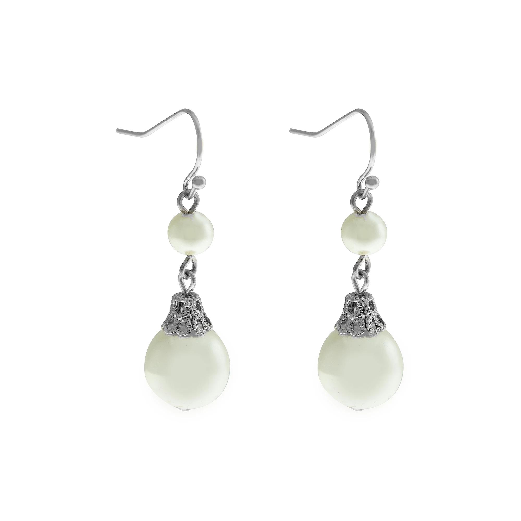 1928 Gold Tone Double Simulated Pearl Drop Earrings, Women's, White Product Image