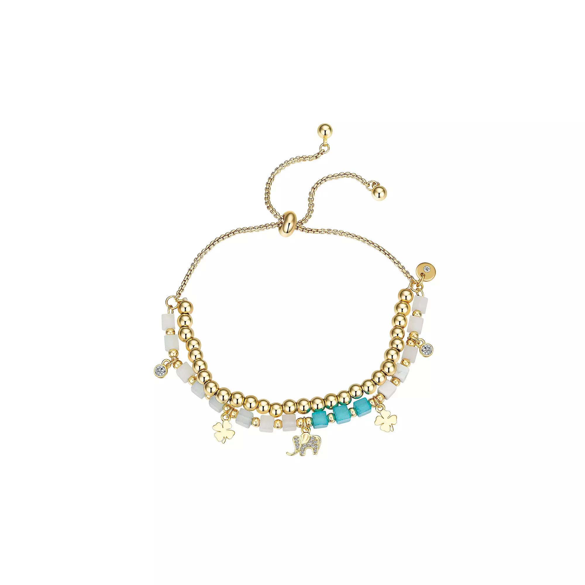 Love This Life 14k Gold Plated Cubic Zirconia Elephant & Clover Beaded Adjustable Bracelet, Women's, Size: 4-10" ADJ, Gold Tone Product Image