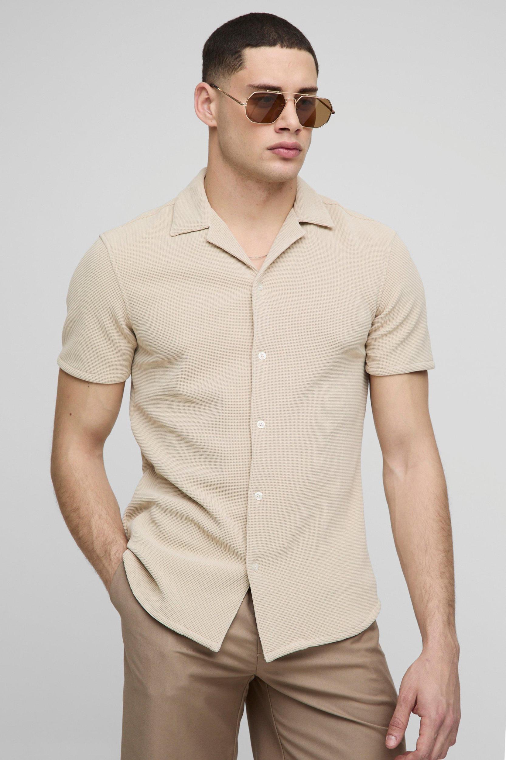 Slim Fit Homme Towelling Waffle Revere Shirt | boohooMAN USA Product Image