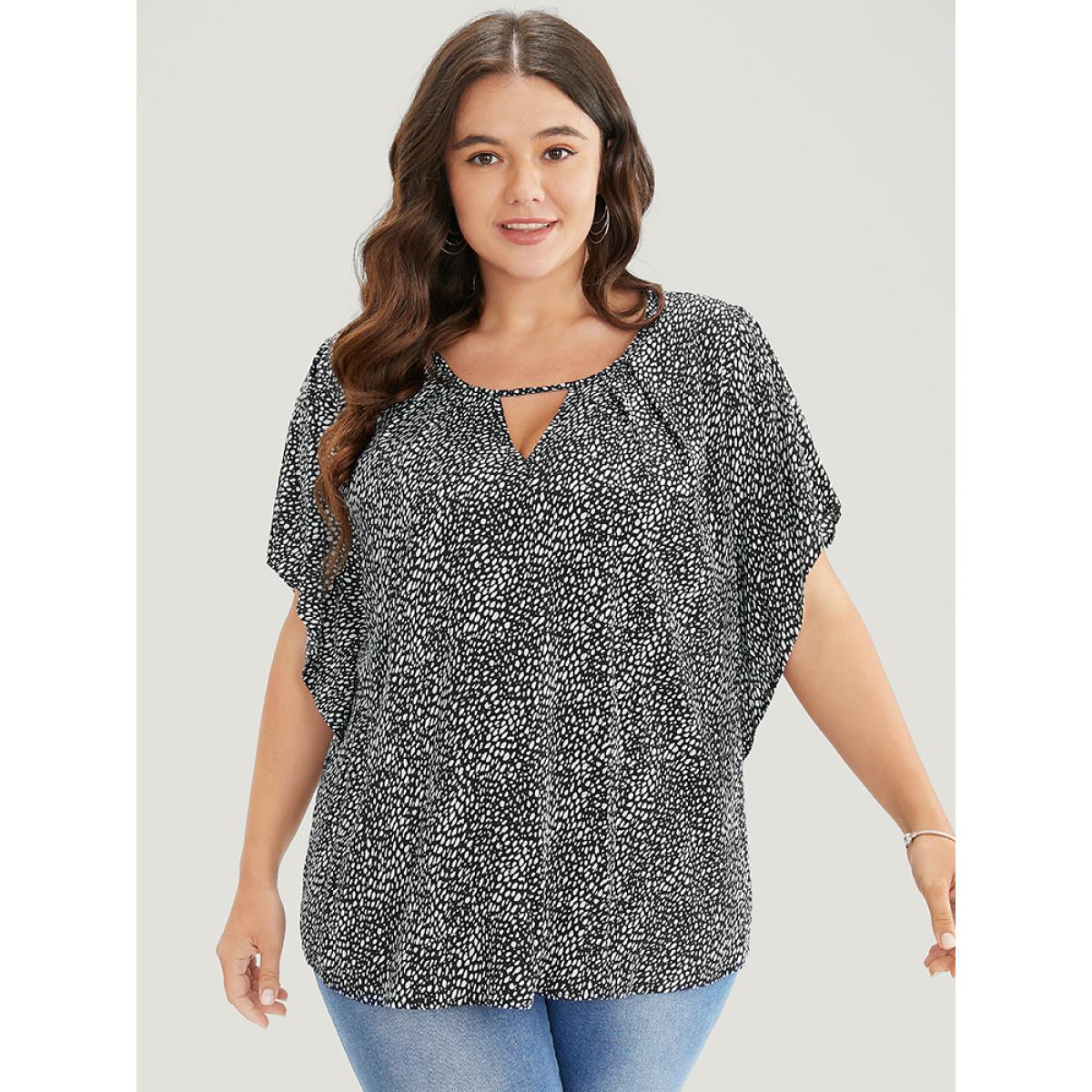 Plus Size Black Polka Dot Ruffle Sleeve Keyhole Neck Blouse Women Elegant Short sleeve Round Neck Dailywear Blouses BloomChic 26/4X Product Image