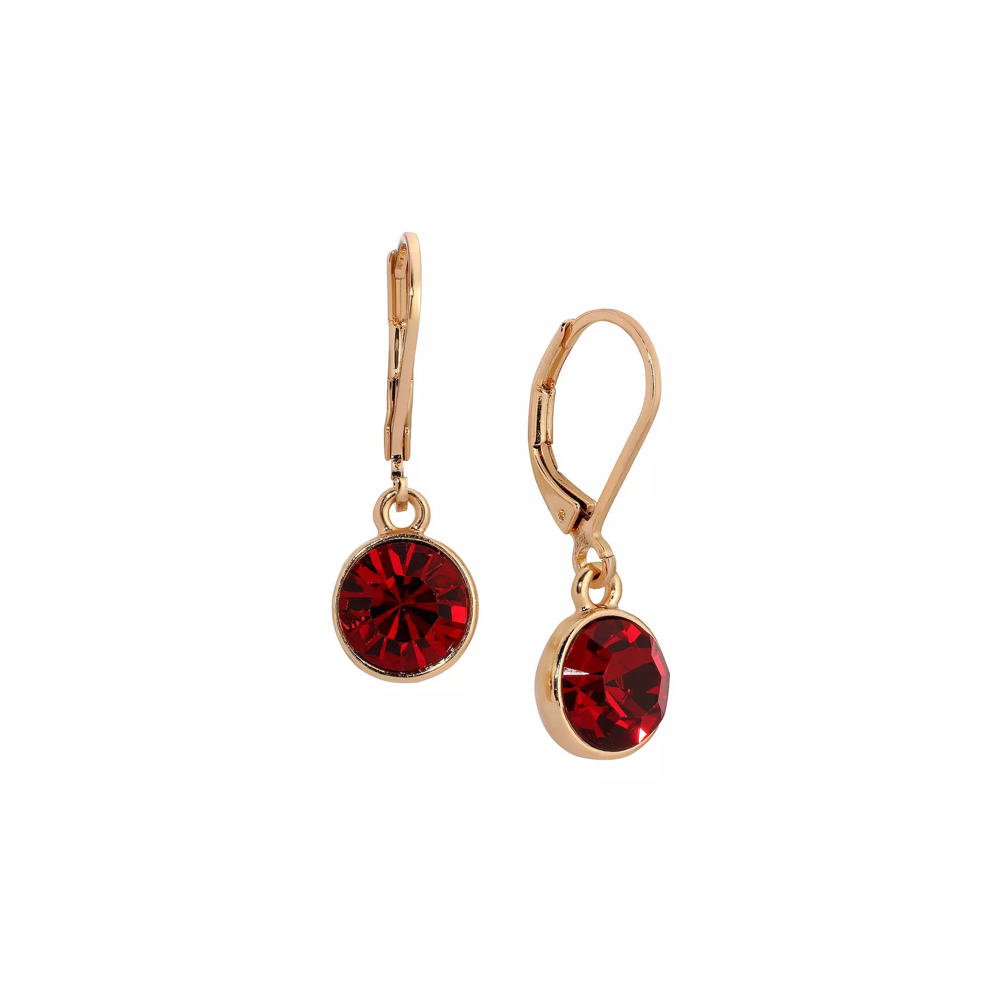 1928 Gold Tone Round Faceted Crystal Leverback Drop Earrings, Women's, Red Product Image