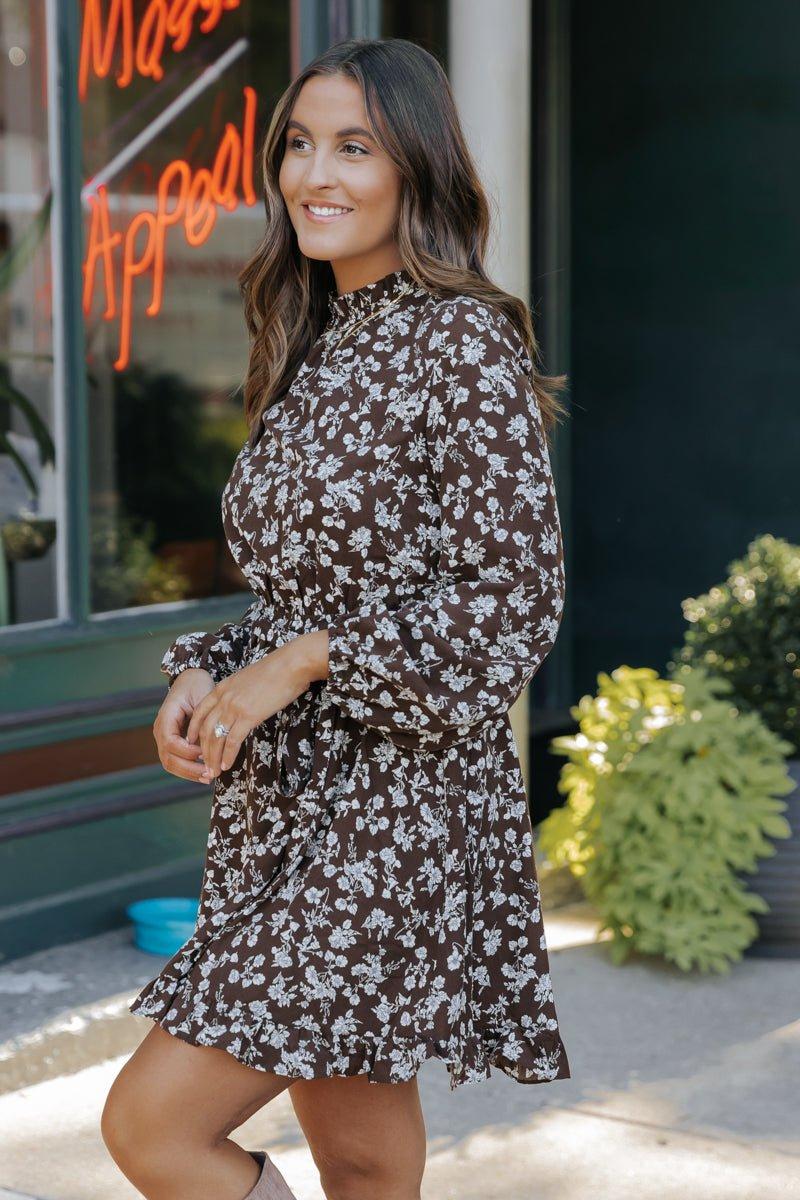 Brown Floral Tie Waist Mini Dress Product Image