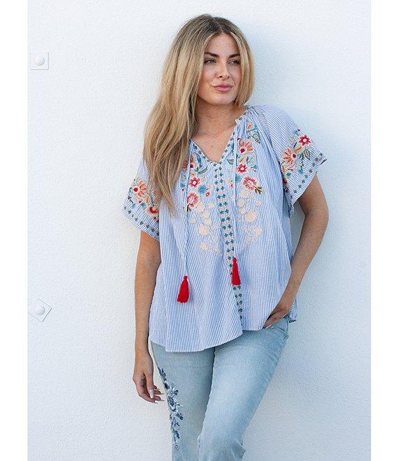 Karyn Seo Adira Floral Embroidered Tassel V-Neck Short Flutter Sleeve Top Product Image